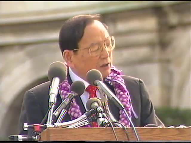 Senator Matsunaga speech at opening ceremony for Smithsonian Institution exhibit "A More Perfect Union: Japanese Americans and the U.S. Constitution" 10/1/1987 tape 2